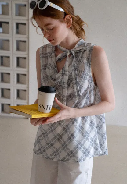 Plaid Bow Sleeveless Top