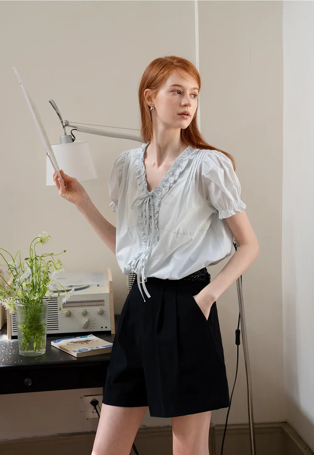 Women's Ruffle Trim Puff Sleeve Blouse