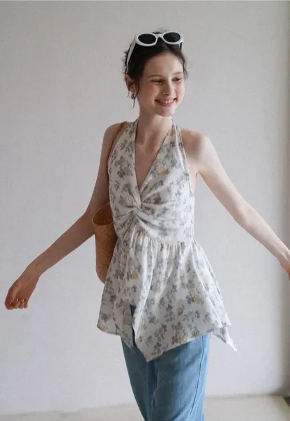 Women’s Floral Twist Halter Peplum Top