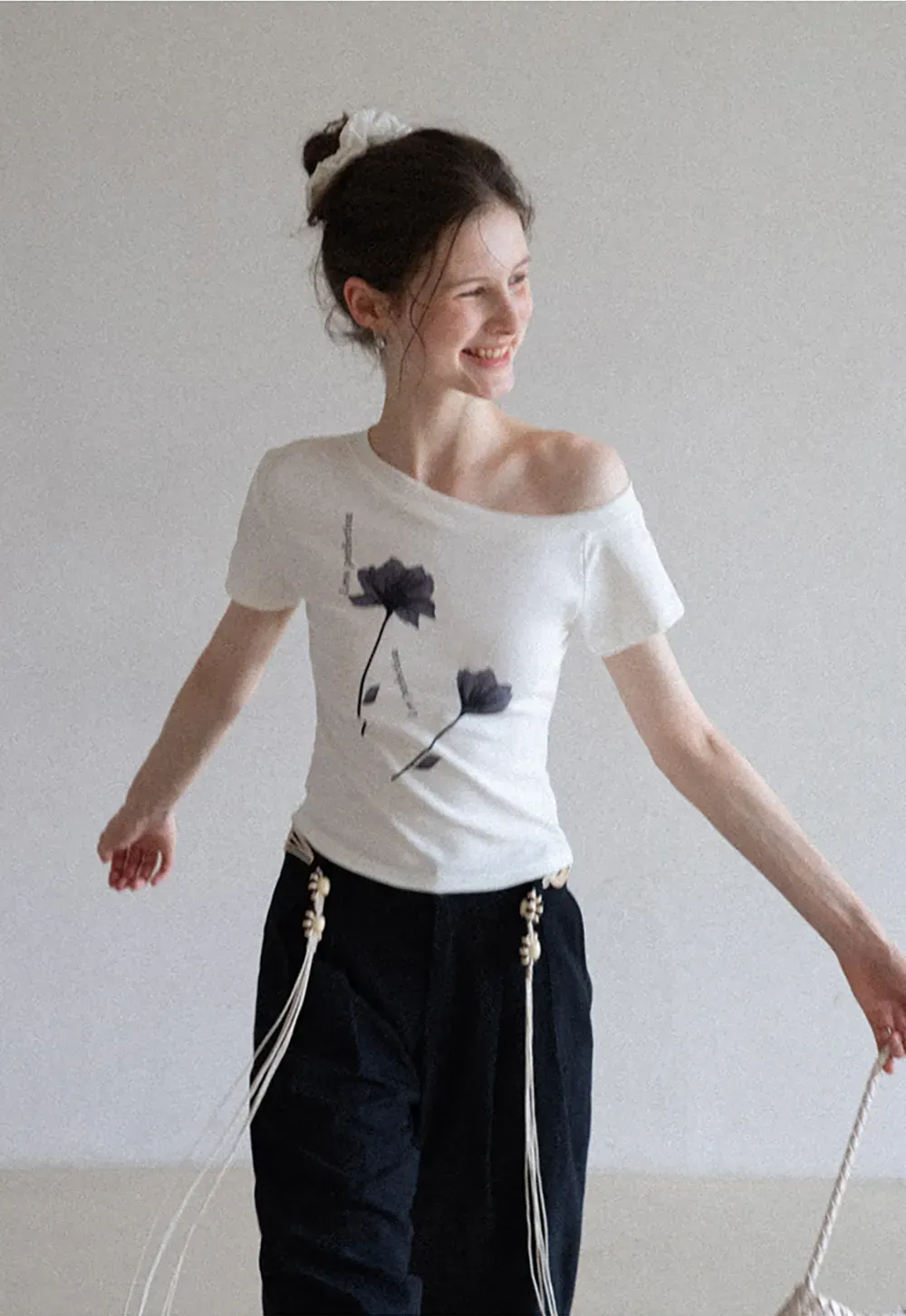 Floral Print Asymmetrical Neck Tee