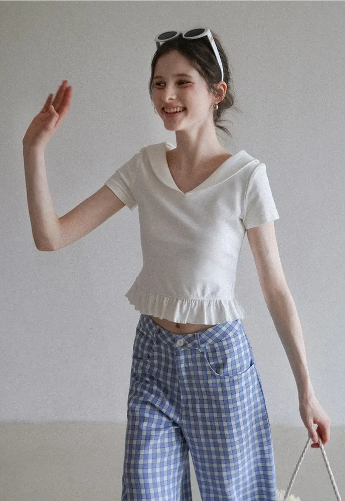 Women’s Sailor Collar Ruffle Hem Short-Sleeve Tee