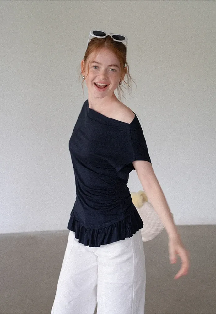 Women’s Striped Asymmetric Ruffle-Hem Tee