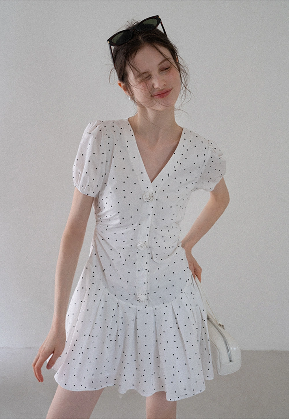 Women’s Polka Dot Ruched Button Mini Dress