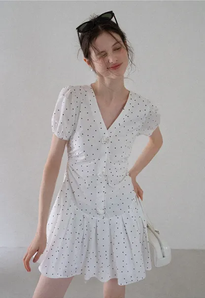 Women’s Polka Dot Ruched Button Mini Dress