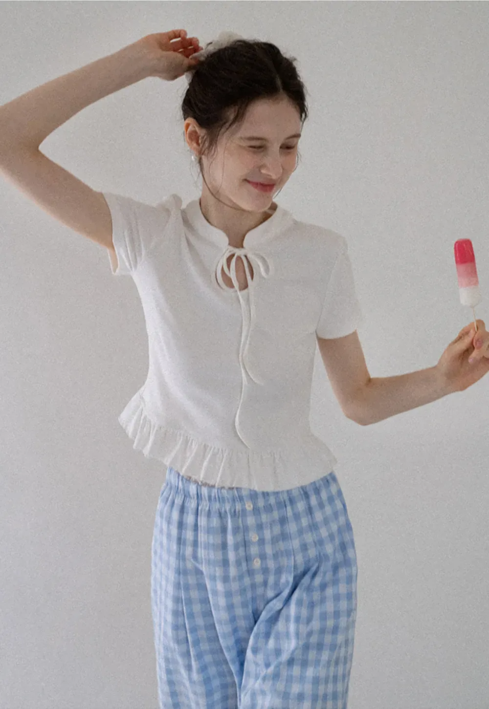 Bow Tie Ruffle Hem T-Shirt