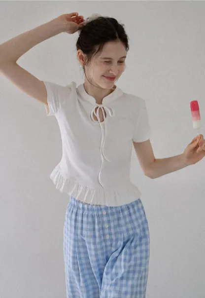 Bow Tie Ruffle Hem T-Shirt
