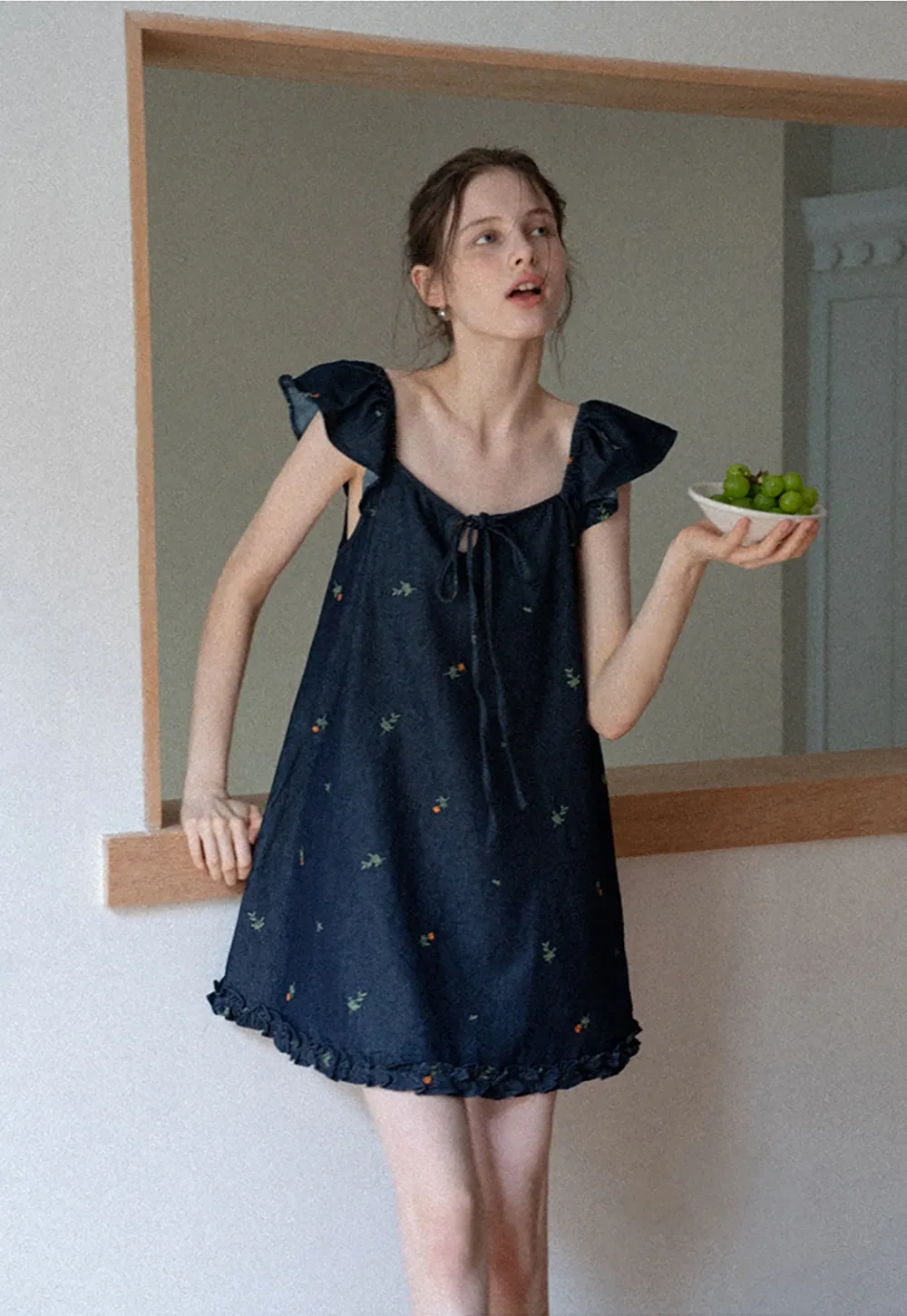Flutter-Sleeve Floral Tie-Front Mini Dress