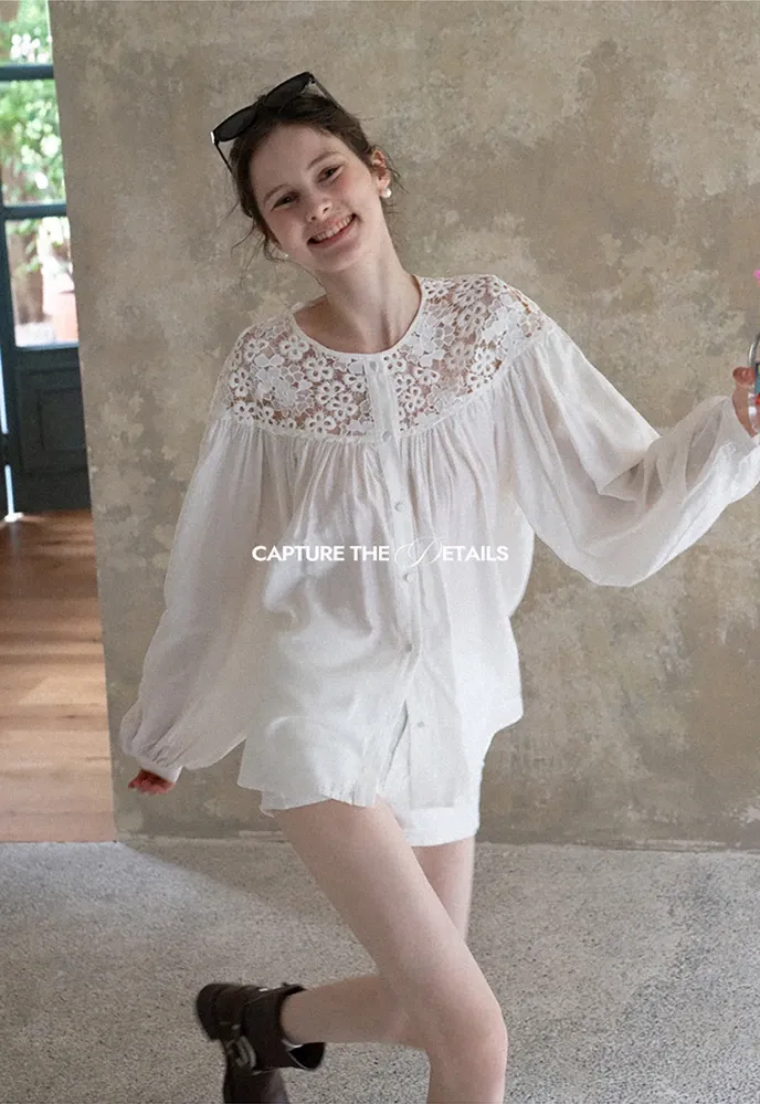Women Lace Yoke Bishop Sleeve Button Down Blouse