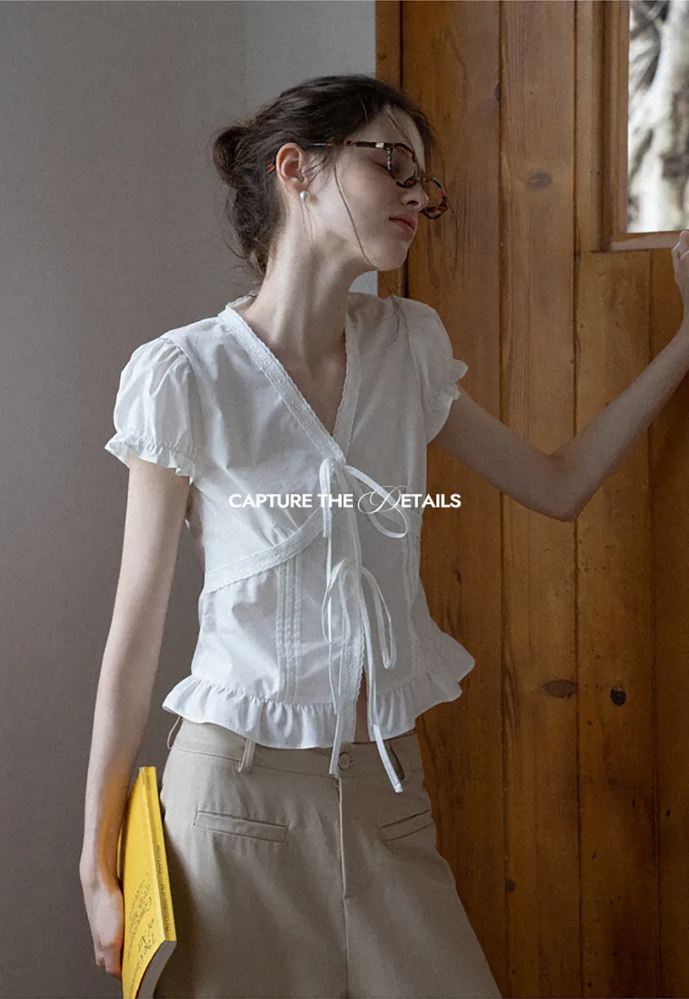 Women's Puff Sleeve Back Tie Blouse with Lace Trim