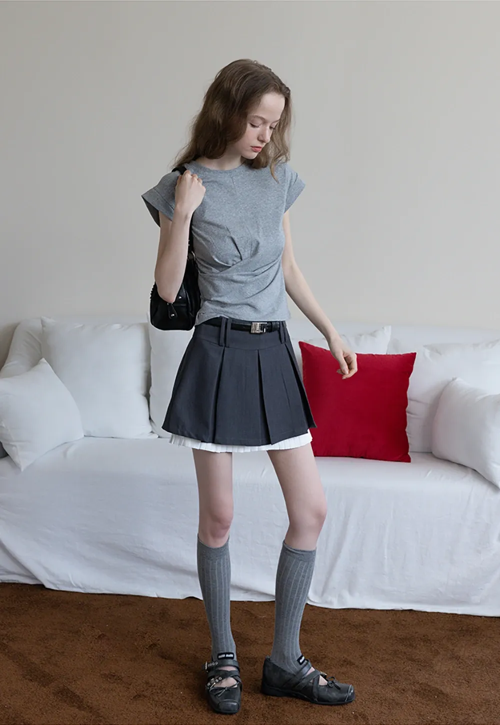 Pleated Layered Skirt Shorts with Belt