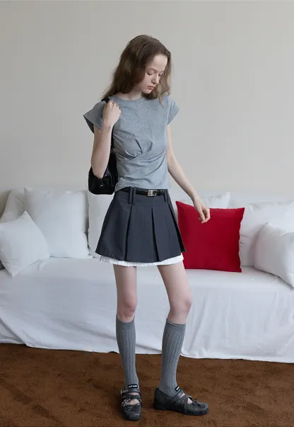 Pleated Layered Skirt Shorts with Belt