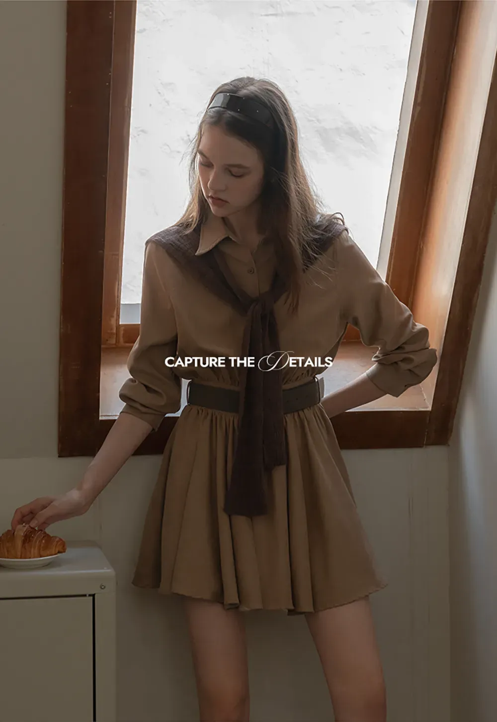 Belted Shirt Dress with Knit Scarf