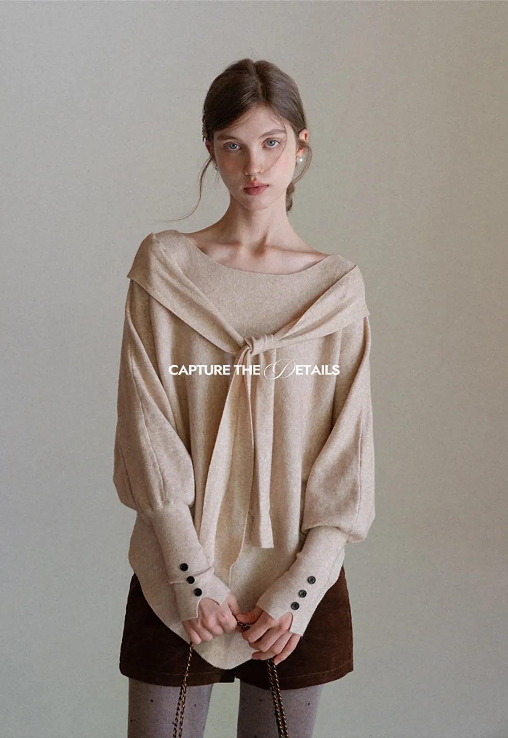 Womens Tie Collar Batwing Knit Sweater