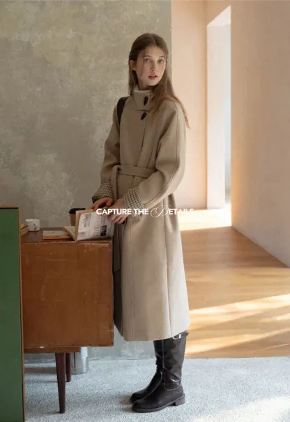 Womens Stand Collar Toggle Wool Coat with Plaid Trim