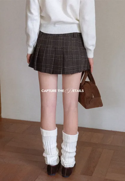 Womens Plaid Pleated Mini Skirt with Button Detail
