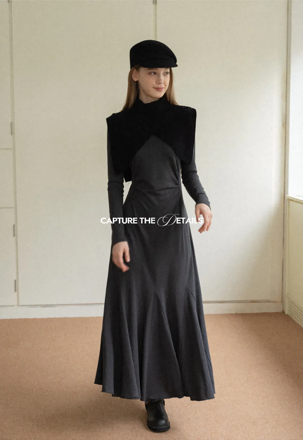 Ruched Waist Long Sleeve Midi Dress