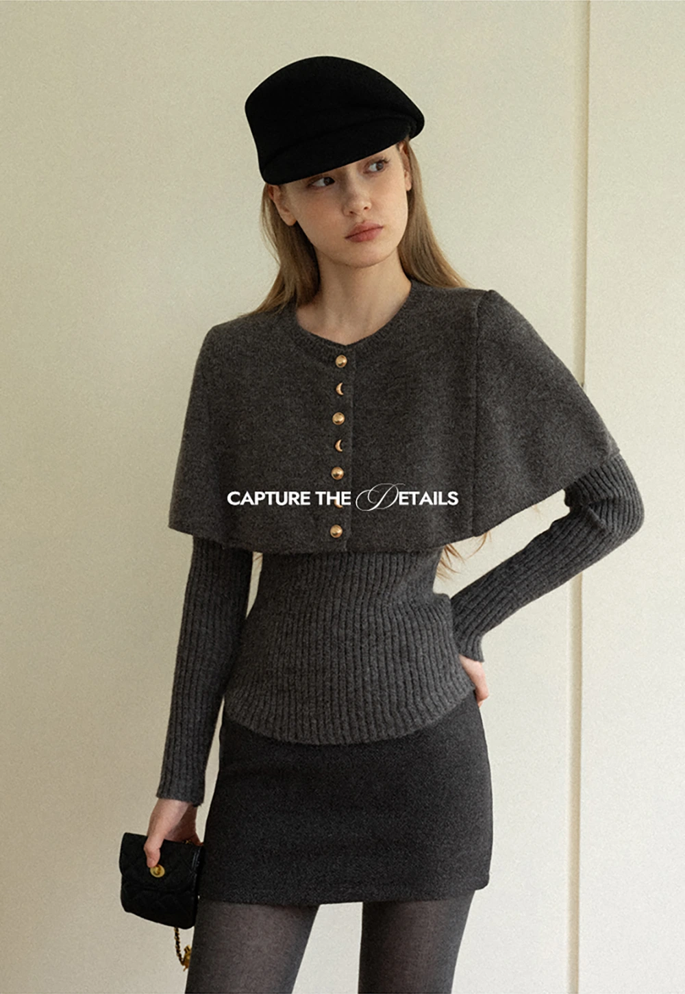 Cropped Buttoned Cape with V-Neck Fitted Thick Knit Sweater