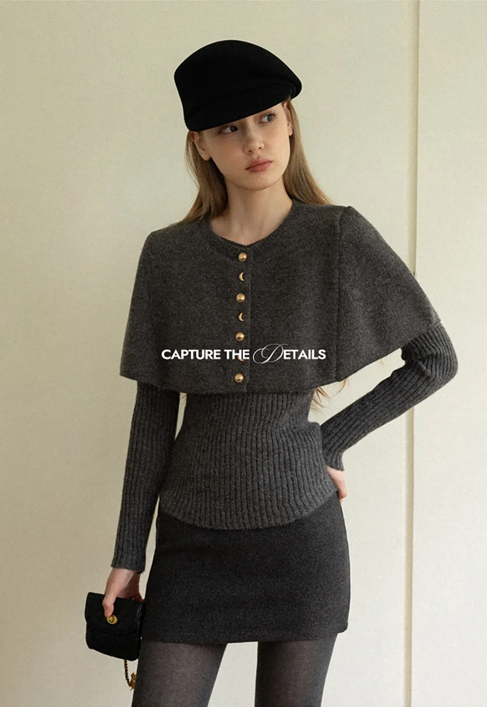 Cropped Buttoned Cape with V-Neck Fitted Thick Knit Sweater