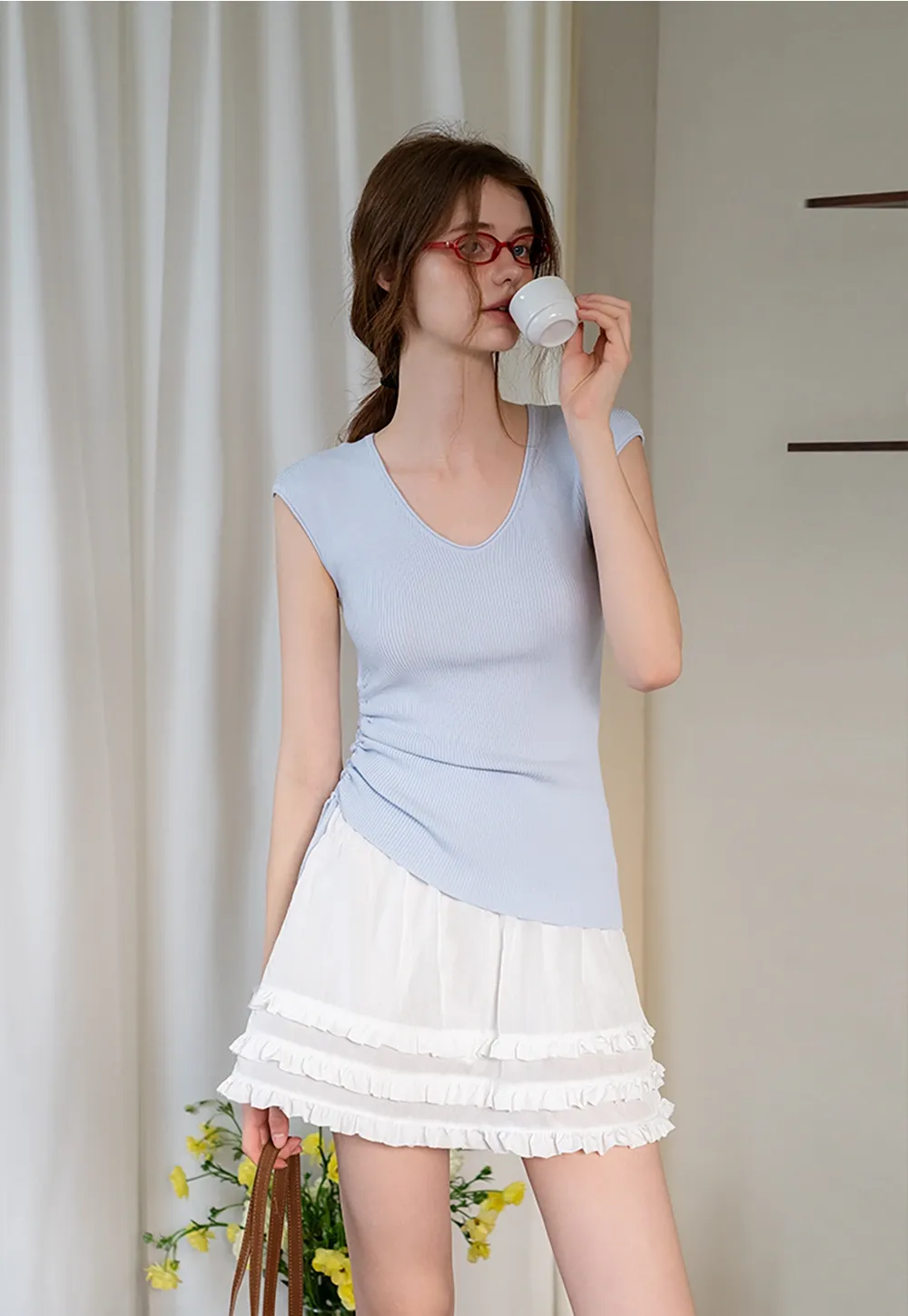 Side-Tie V-Neck Ribbed Top