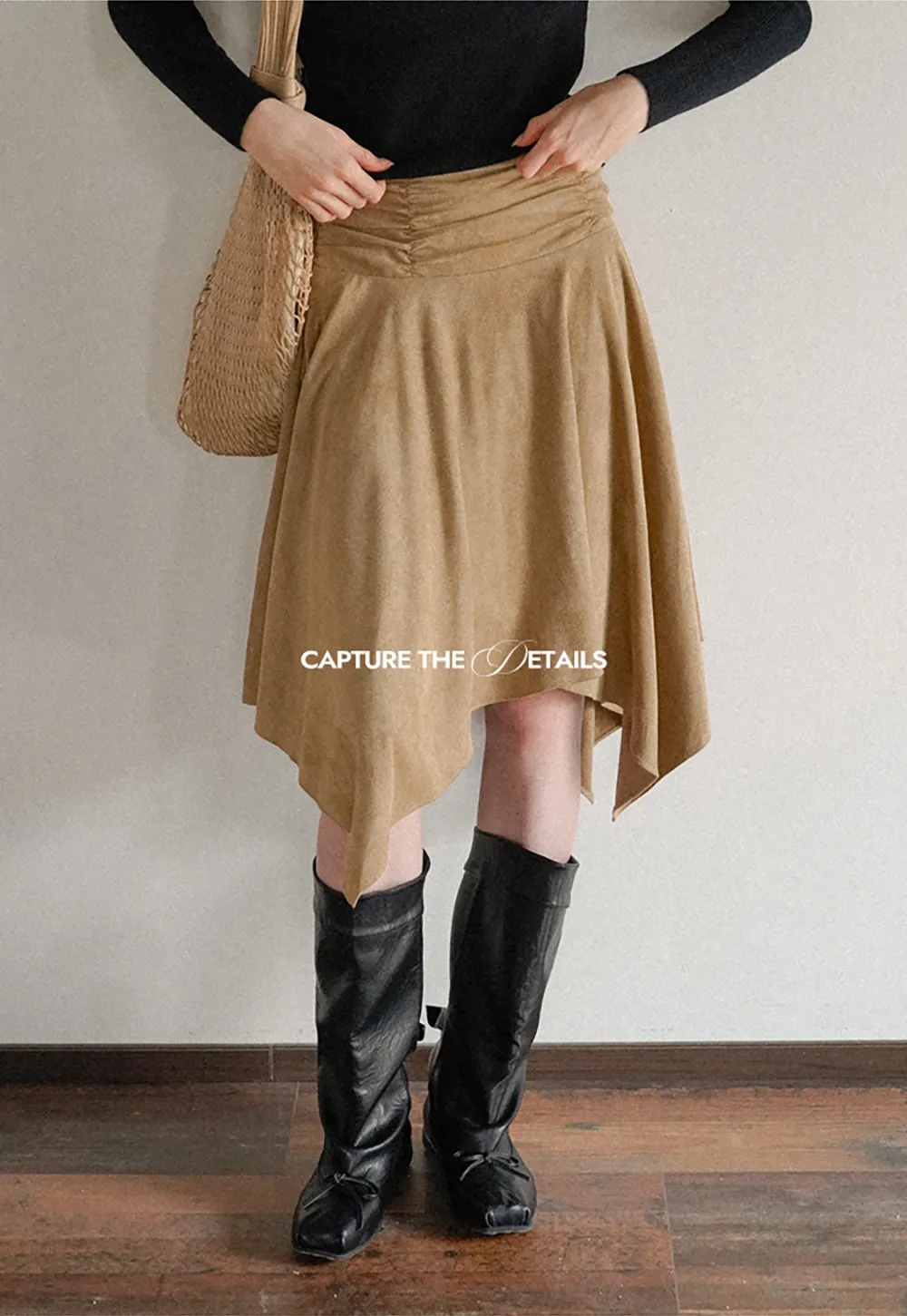 Ruched Waist Asymmetric Midi Skirt