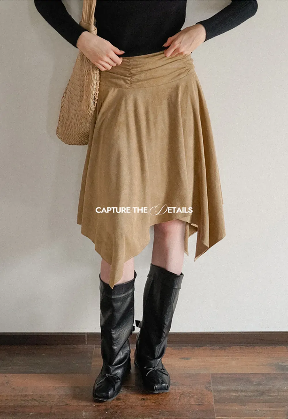 Ruched Waist Asymmetric Midi Skirt