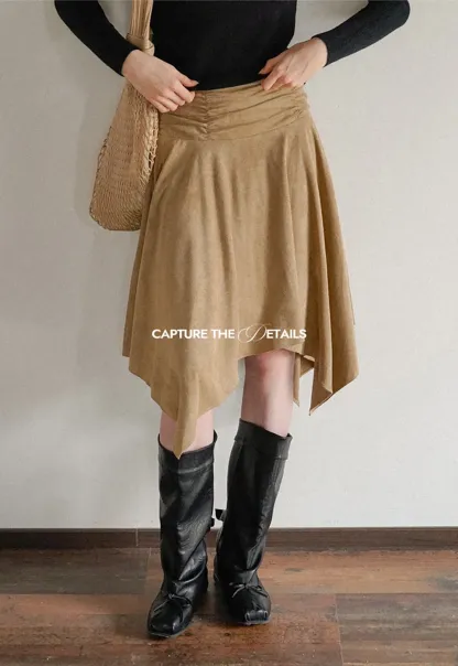 Ruched Waist Asymmetric Midi Skirt