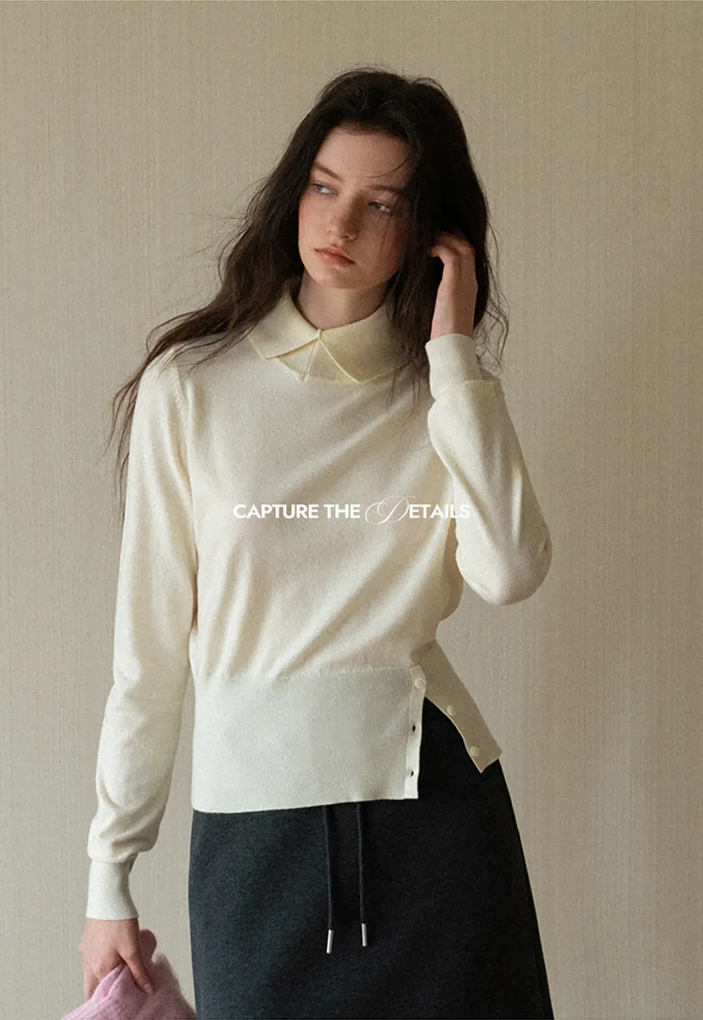 Collar Detail Knit Sweater with Side Button Hem