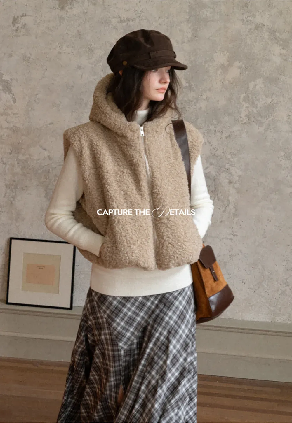 Faux Shearling Zip Vest in Beige