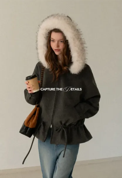 Faux-Fur Trim Hooded Charcoal Jacket