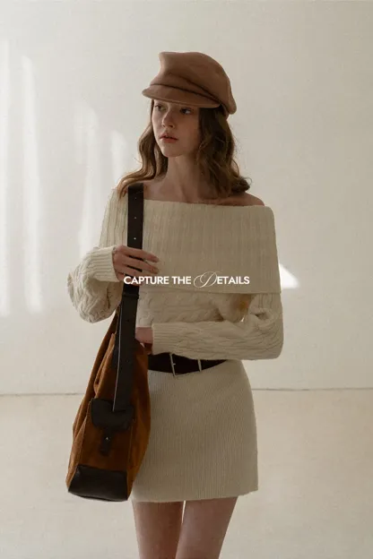 Off-Shoulder Cable Knit Waist-Cinching Dress