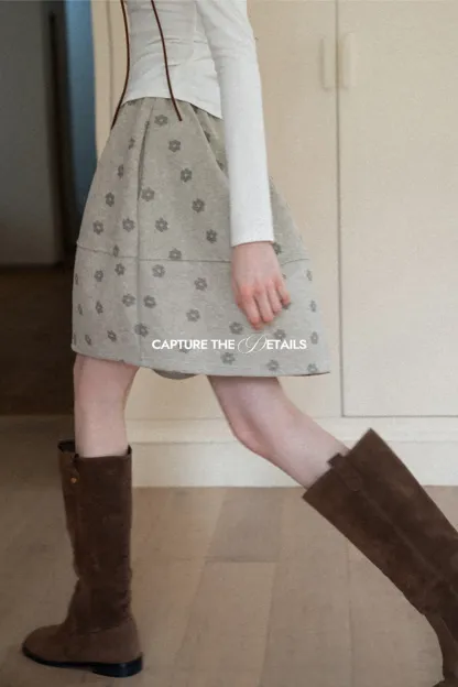 Floral Print Woolen Puff Skirt