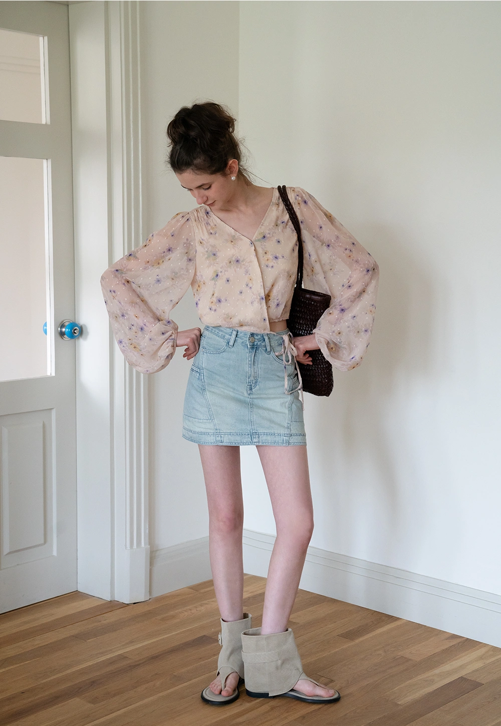Floral Puff Sleeve Crop Blouse