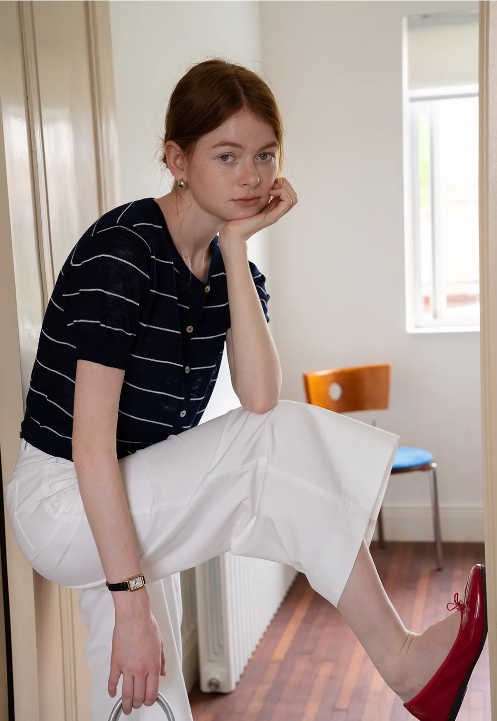 Women’s Striped Button-Down Short-Sleeve Cardigan