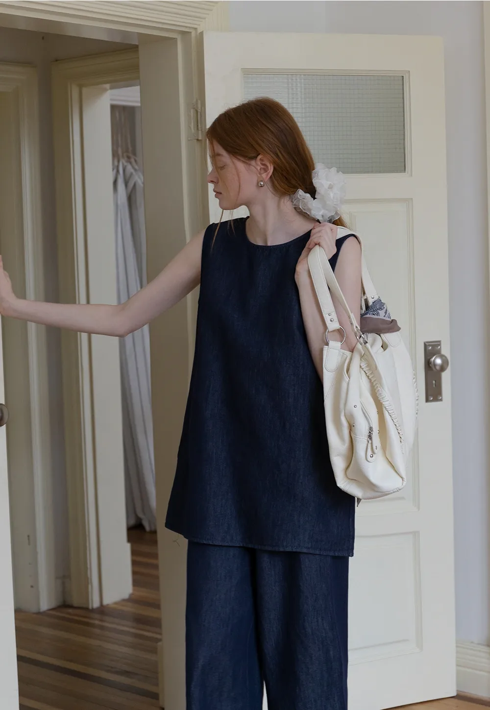 Sleeveless Denim Top and Wide-Leg Pants Set