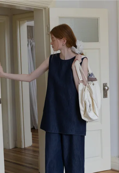 Sleeveless Denim Top and Wide-Leg Pants Set