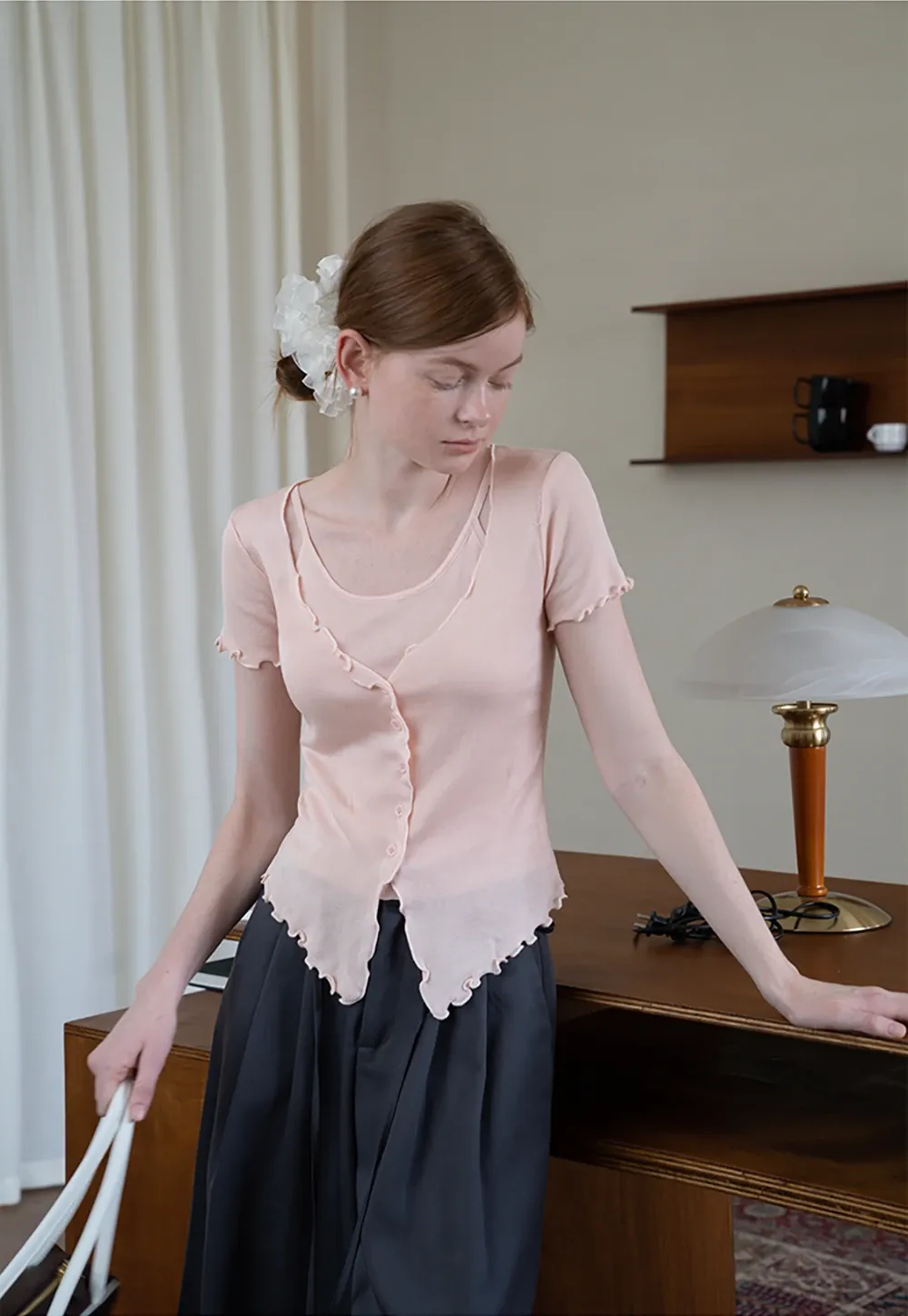 Women’s Ruffle Hem Button Down Knit Top