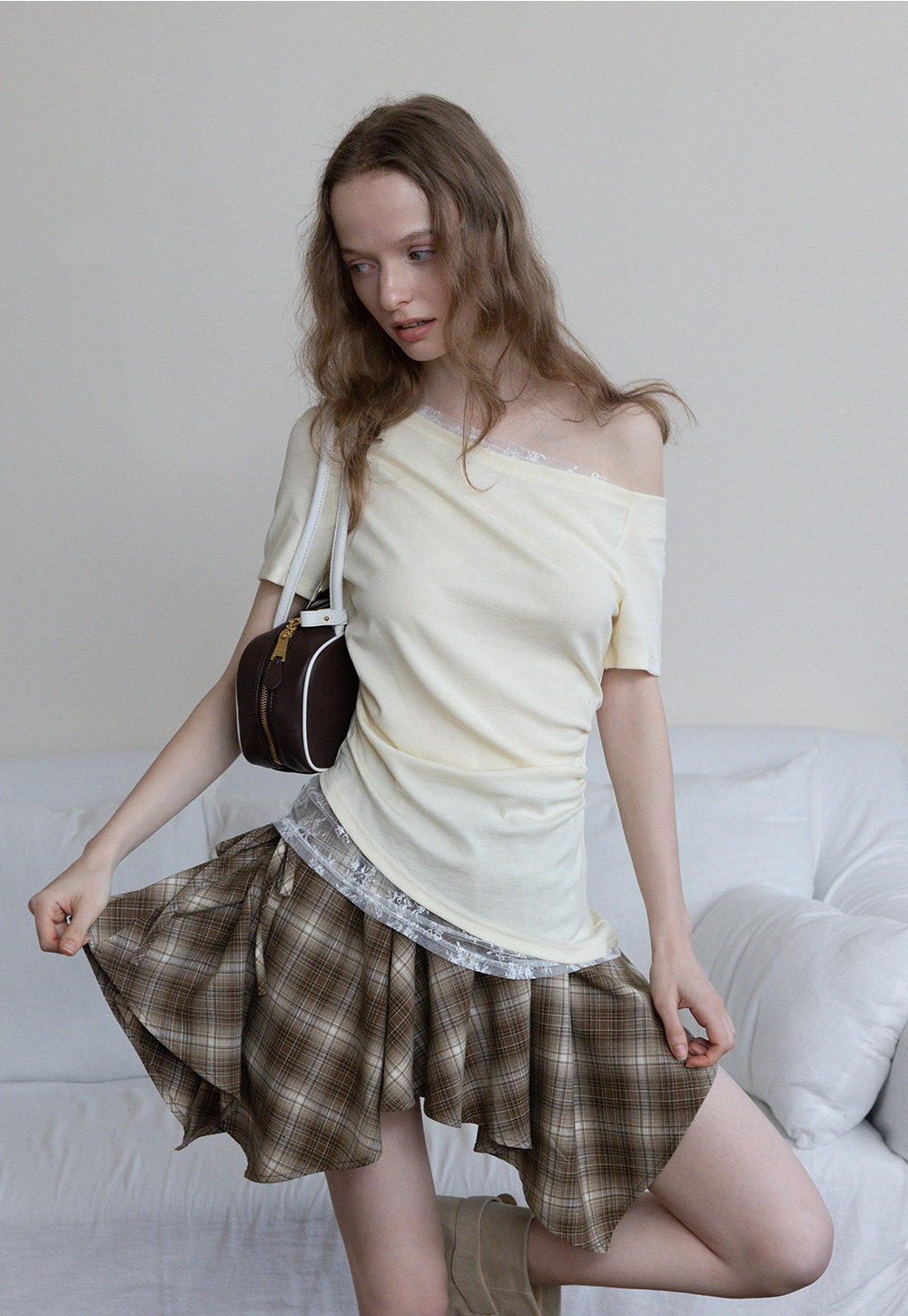 Asymmetrical Off-Shoulder Tee with Lace Hem