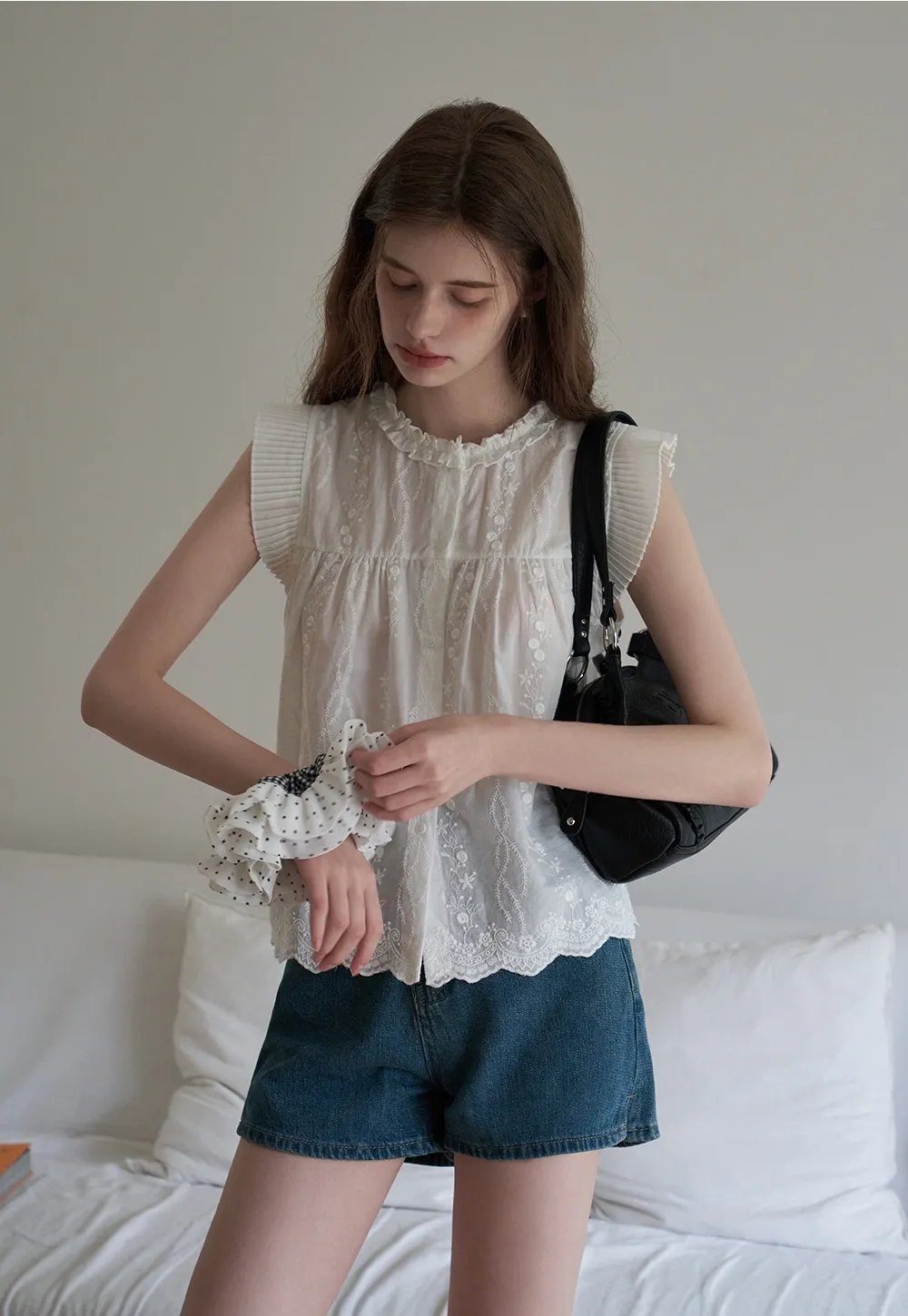 Women's Embroidered Ruffle Cap Sleeve Babydoll Blouse