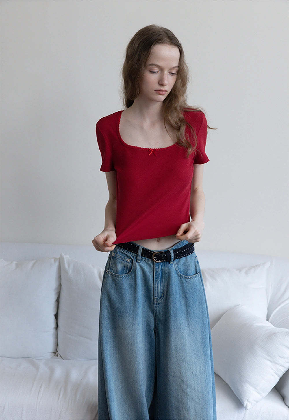 Square Neck Ribbed Tee with Bow Detail