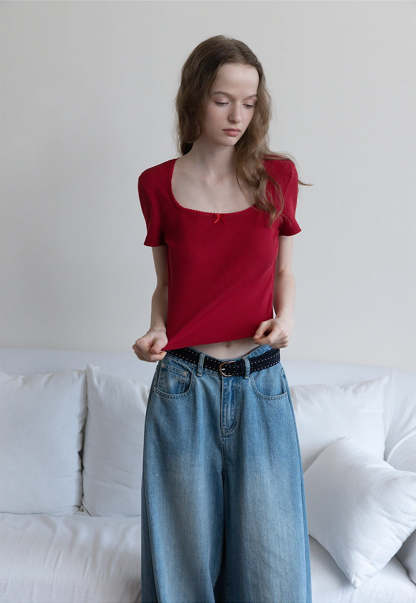Square Neck Ribbed Tee with Bow Detail