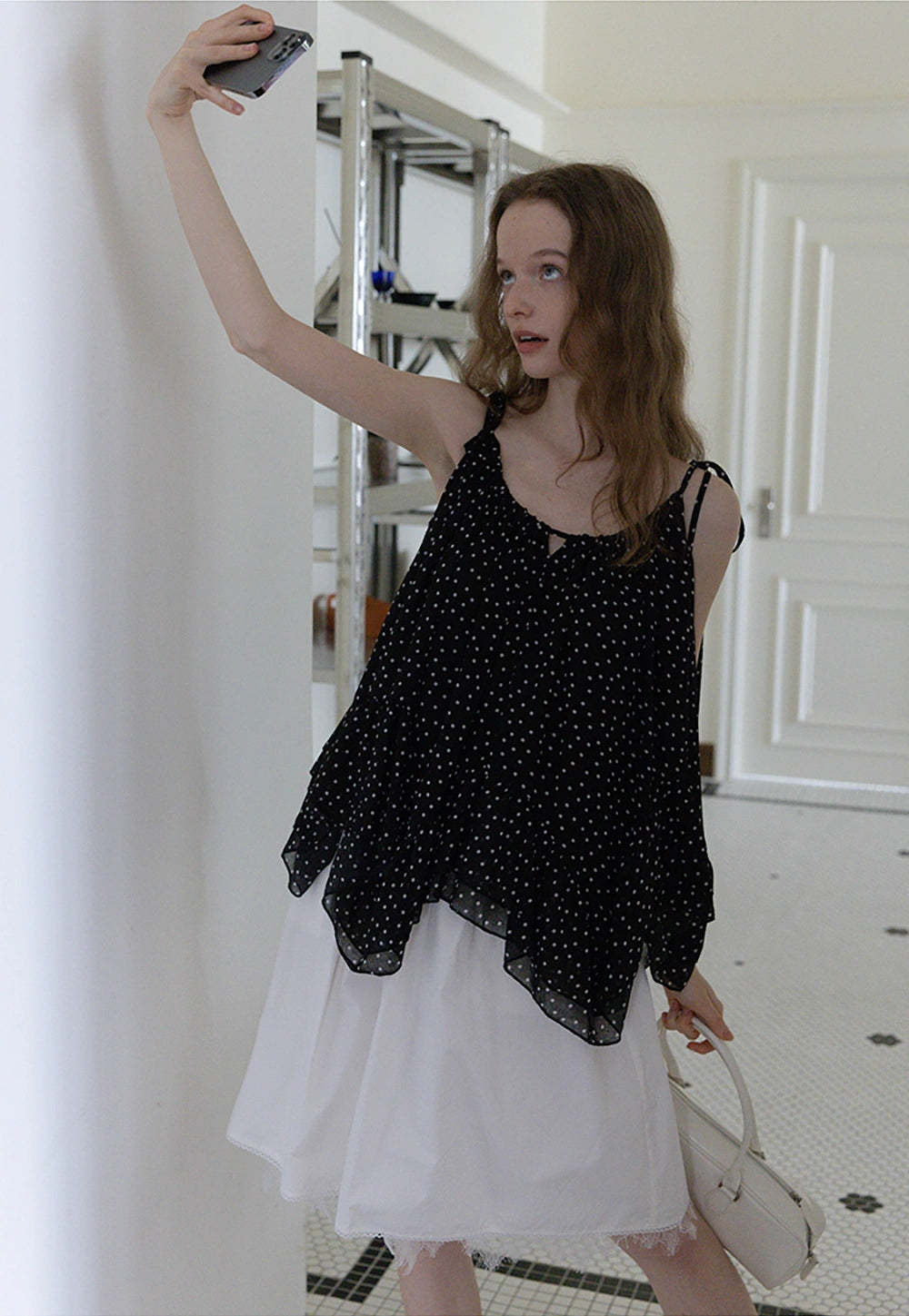 Polka Dot Ruffle Hem Cami Top