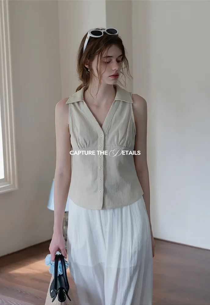 Women’s Linen Collared Button-Front Sleeveless Top