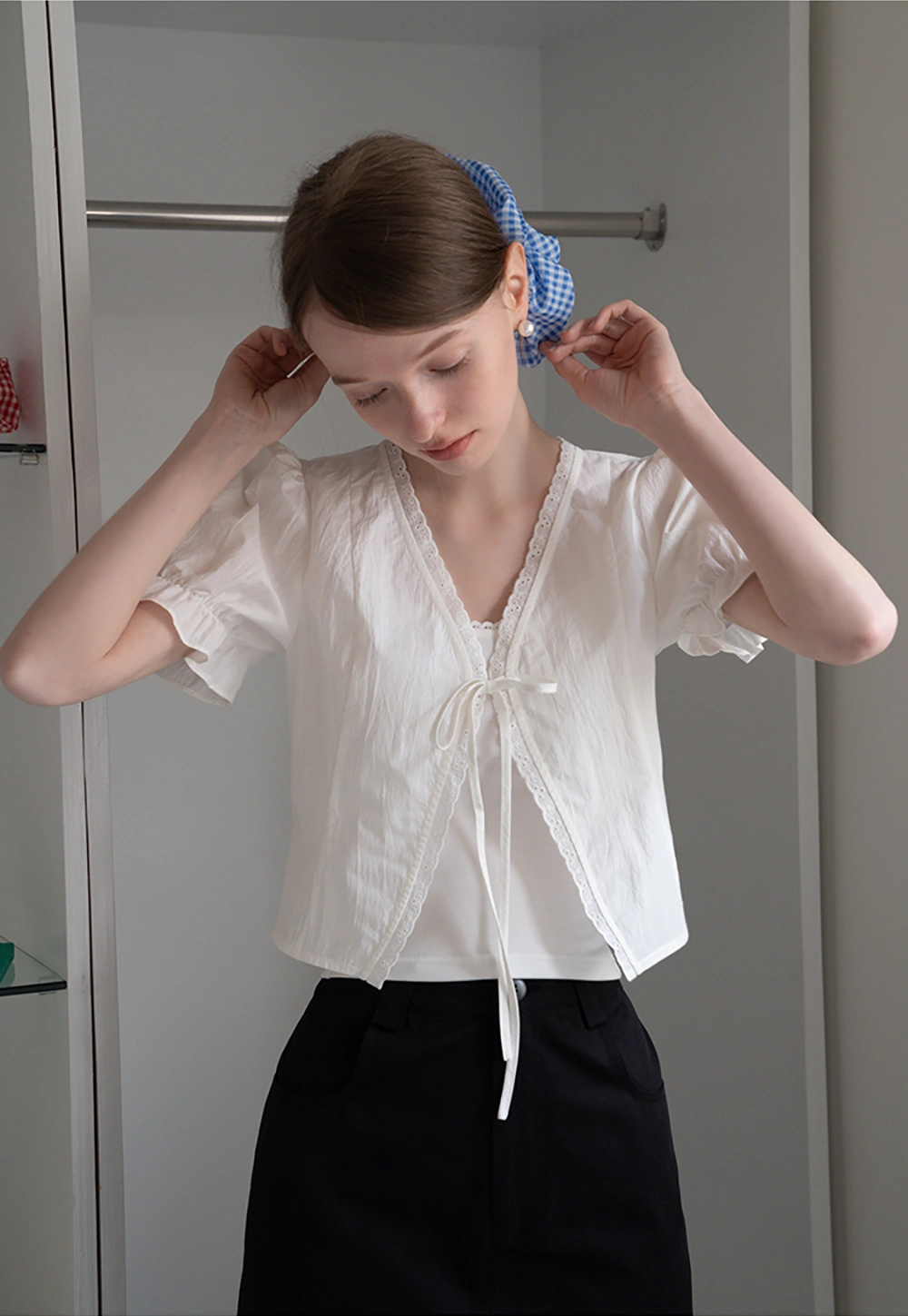 Eyelet Trim Puff Sleeve Tie-Front Blouse
