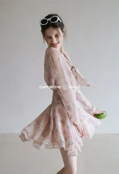Romantic Floral Layered Dress with Belted Waist