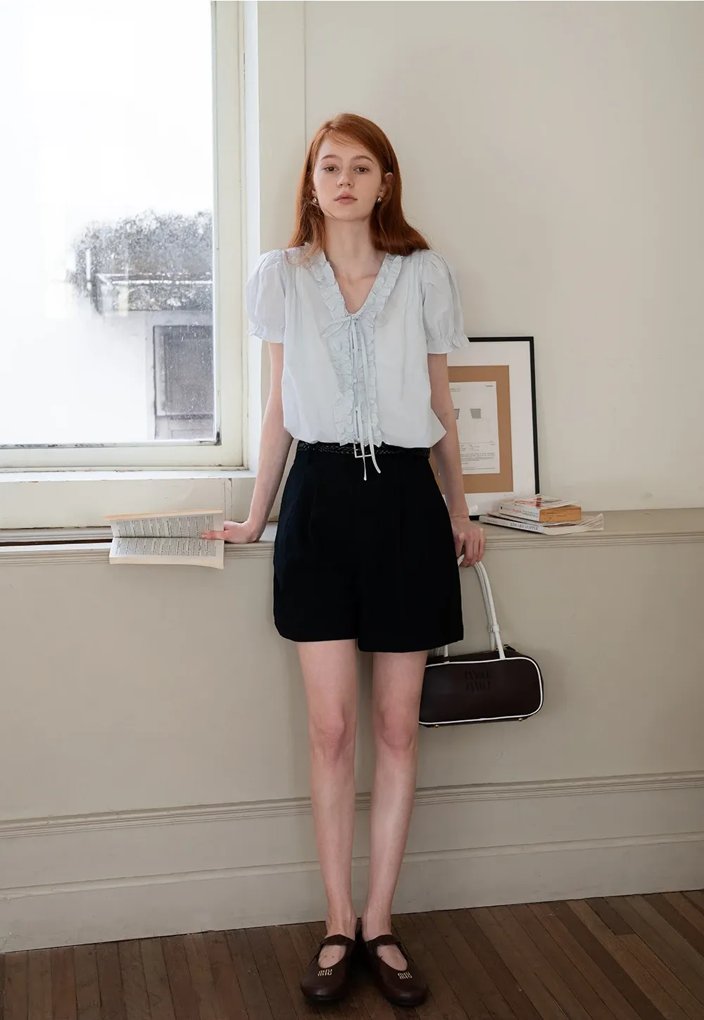 Women's Ruffle Trim Puff Sleeve Blouse