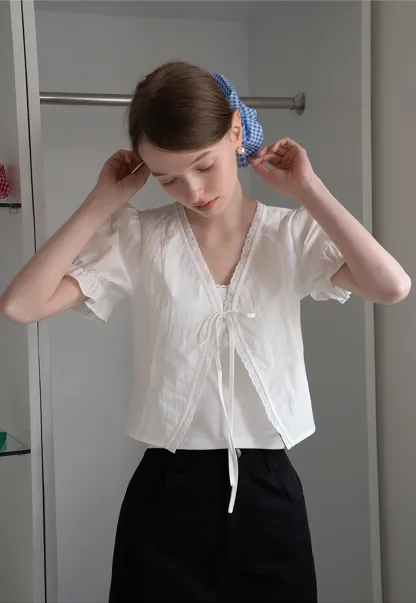 Eyelet Trim Puff Sleeve Tie-Front Blouse