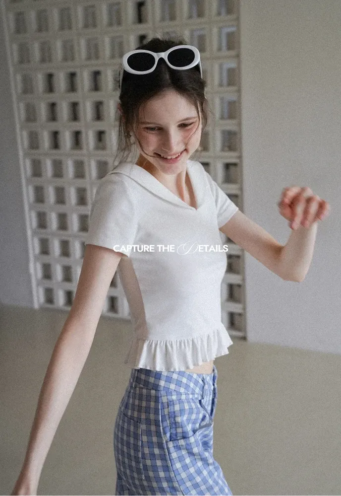 Women’s Sailor Collar Ruffle Hem Short-Sleeve Tee