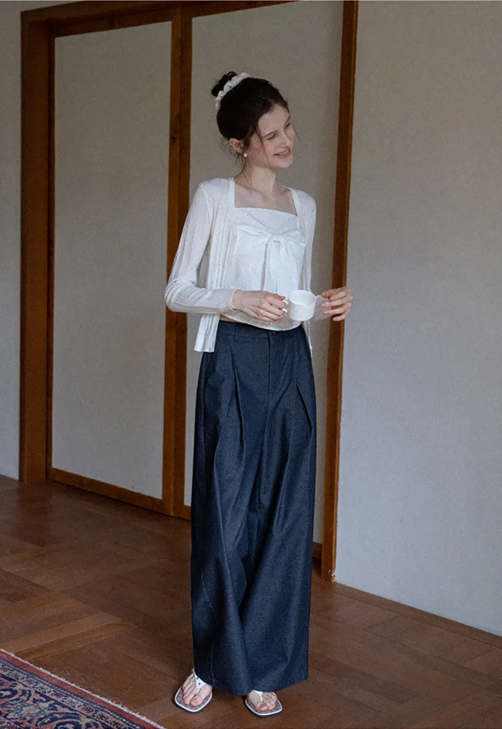 Pointelle Knit V-Neck Cardigan