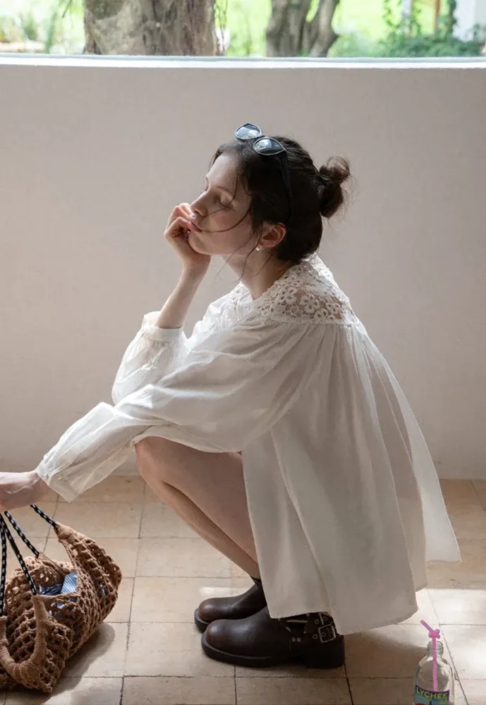 Women Lace Yoke Bishop Sleeve Button Down Blouse