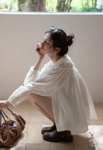 Women Lace Yoke Bishop Sleeve Button Down Blouse